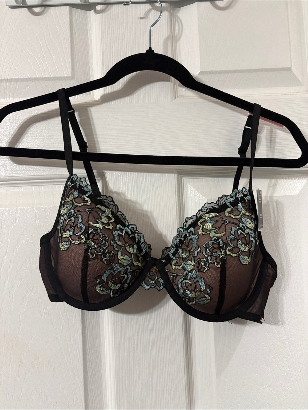 La Vie En Rose Black Sheer Bra with Blue and Green Floral Embroidery